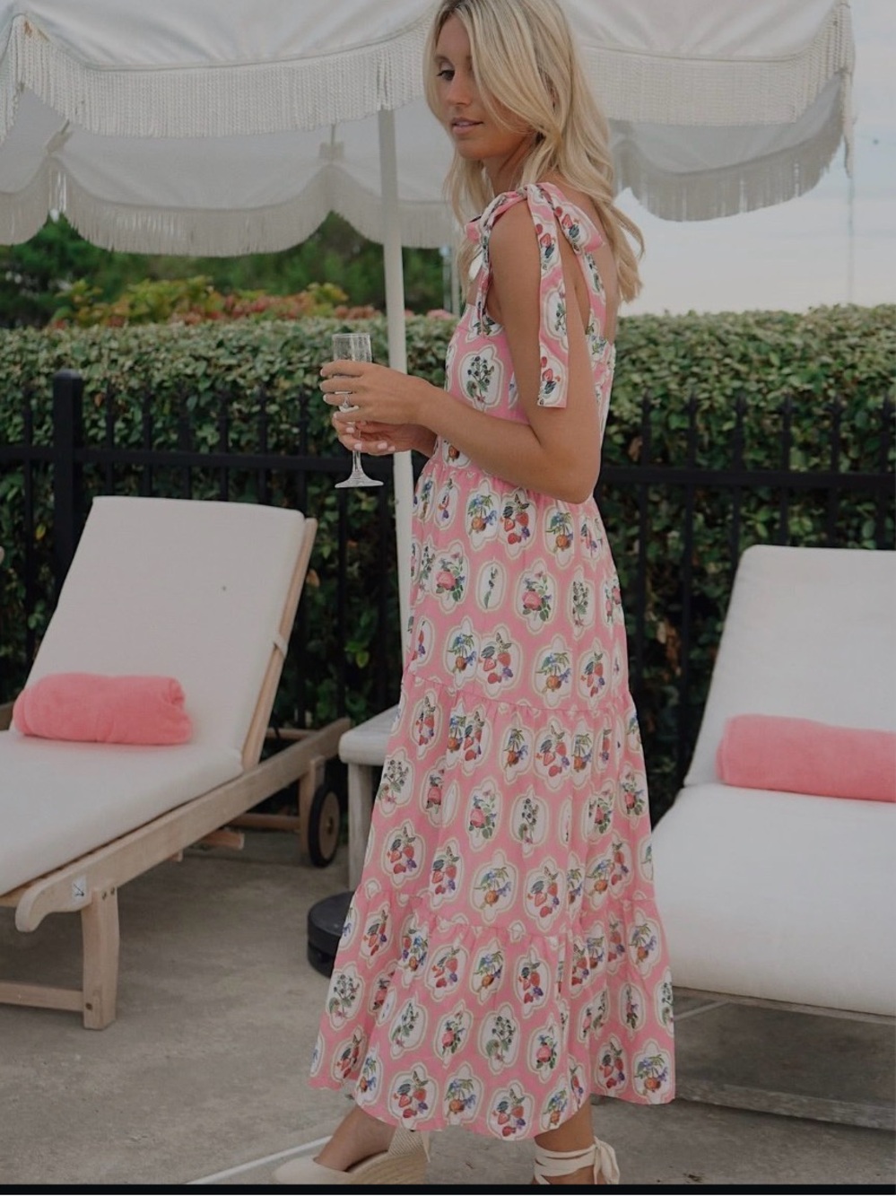 Smith and Quinn Pink Strawberry Fruit Patch Sage Tie-Shoulder Maxi Dress Sz S